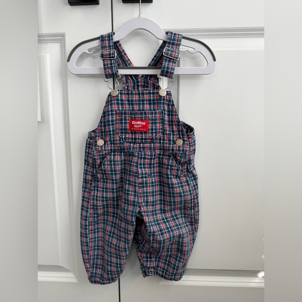 Vintage OshKosh BGosh Red White Blue Plaid Overalls Size 12 Months